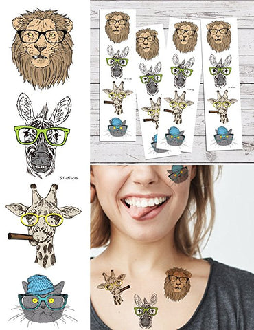 Supperb Temporary Tattoos - Smart Animals Lion Donkey Giraffe Cat Temporary Tattoo Tattoos (Set of 4)