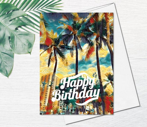 Supperb Fine Art Greeting Card - Hawaii Beach Tree Greeting Card Watercolor Summer beach Sunset