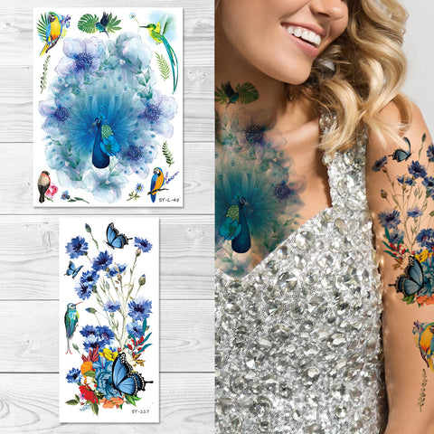 Supperb® Temporary Tattoos - Watercolor Dream of Peacock & Summer Flowers Tattoo Sleeve Large Tattoo Arm Tattoo